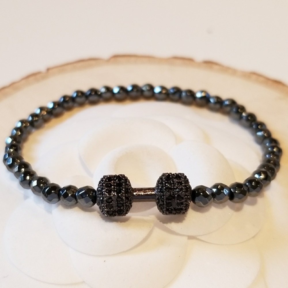 @ veryblessed 4Pcs x NEW Black CZ Dumbbell Hematite Stretch Bracelet